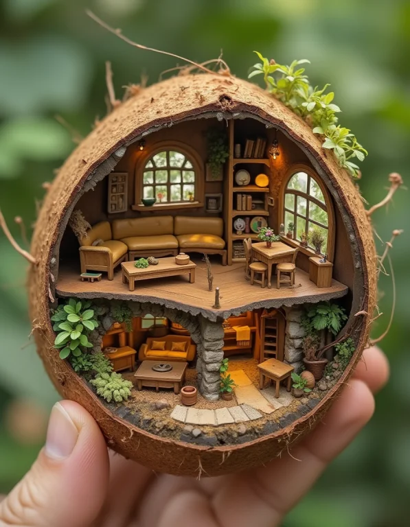 A Miniature House In Half A Coconut Shell, 2 Floor, Miniatur...