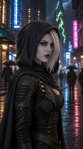 Nbrfml Woman, Chest-up, Wearing A Hooded Dark Cloak, Rainy A... — Stable Diffusion AI Prompt: nbrfml woman, chest-up, wearing a hooded dark cloak, rainy alien city street at...