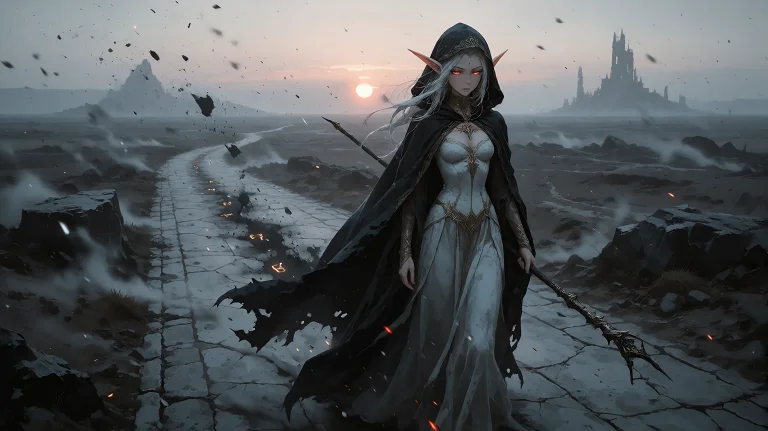 Cinematic Wide Semi-anime Scene Of An Elven Queen As A Wande...