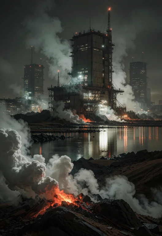 This Is A Dystopian Cityscape At Night. The Image Features A...