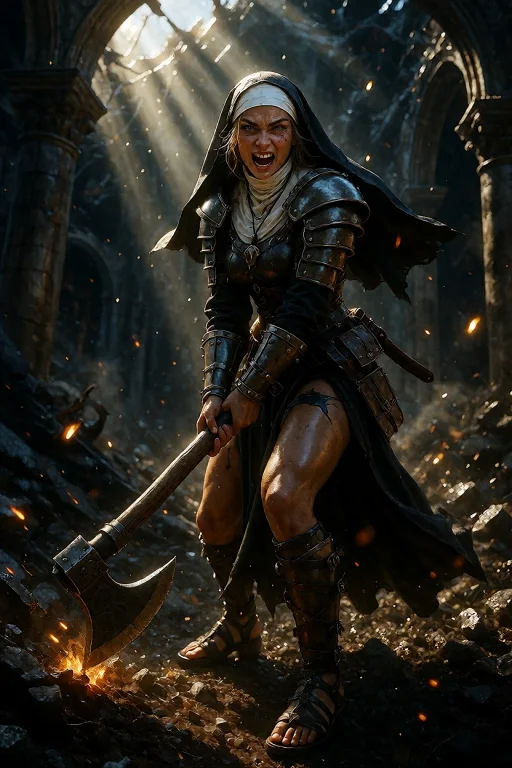 A Barbarian Nun, Tall Woman, Toned, Muscled, Light Blue Eyes...