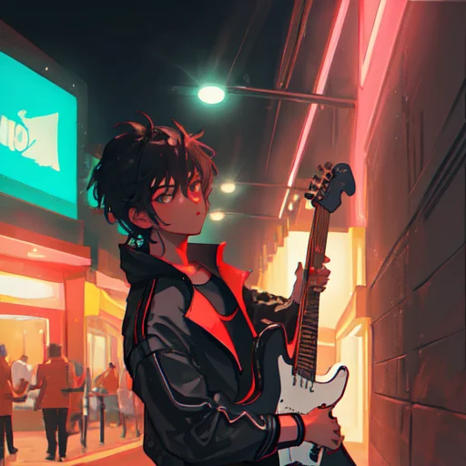 Boy Witg Long Black Bang Playing Instrument, Playing Guitar,...