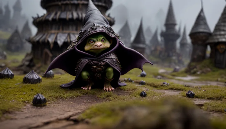 Tiny Goblin Witch Wearing Intricate Cloak And Leather Armor...