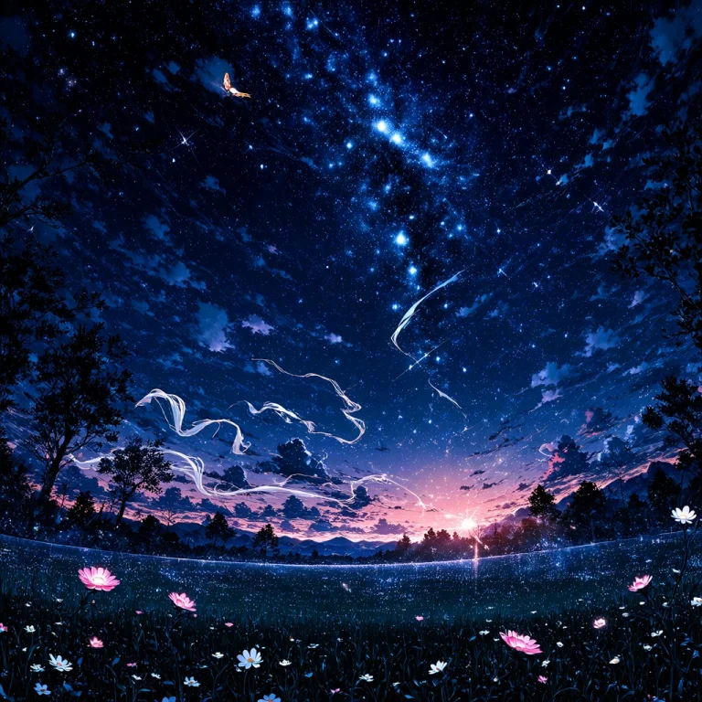 Night, Stars, Galaxy, Trees, Breeze, Flower, Bloom, Cinemati...