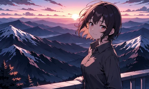 Epic Dynamic Sunset Mountain Scenery, Adult 20y Girl In Fore... — Stable Diffusion AI Prompt: Epic dynamic sunset mountain scenery, adult 20y girl in foreground with medium w...