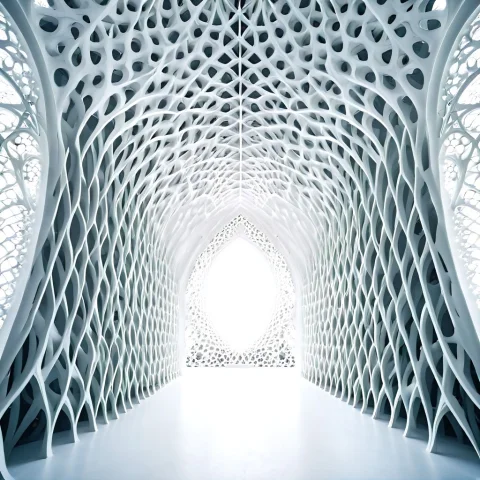A Grand Gothic Cathedral Reimagined As A Giant White Matte G... — SDXL AI Prompt: A grand Gothic cathedral reimagined as a giant white matte gyroid lattice struct...