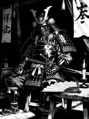 A Black And White Digital Illustration In A Detailed Ink Dra... — Stable Diffusion AI Prompt: a black and white digital illustration in a detailed ink drawing style. A samura...