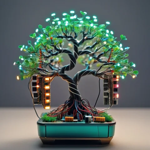 A Miniature Bonsai Tree Built From Dense Circuitry, Trunk Fo... — SDXL AI Prompt: a miniature bonsai tree built from dense circuitry, trunk formed by twisted laye...