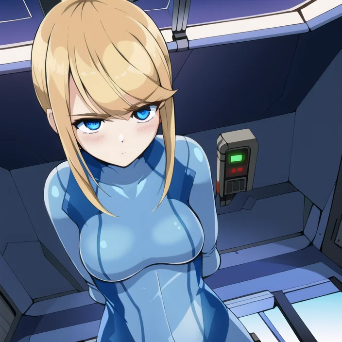 1girl, Blonde, Zero Suit, Detailed Eyes, Cowboy Shot, Inside...