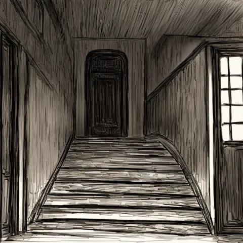 Black Souls, Door, Hallway, Indoors, Monochrome, Railing, Sc... — Stable Diffusion AI Prompt: black souls, door, hallway, indoors, monochrome, railing, scenery, sketch, stair...