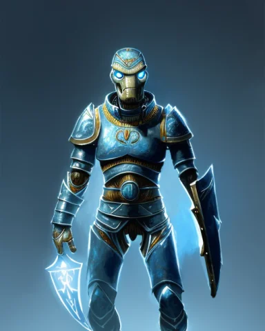 Medium Shot Portrait Of A Petite, Egyptian Blue, Warforgedpe... — Stable Diffusion AI Prompt: Medium shot Portrait of a petite, Egyptian blue, Warforged_Person, Paladin, Fros...