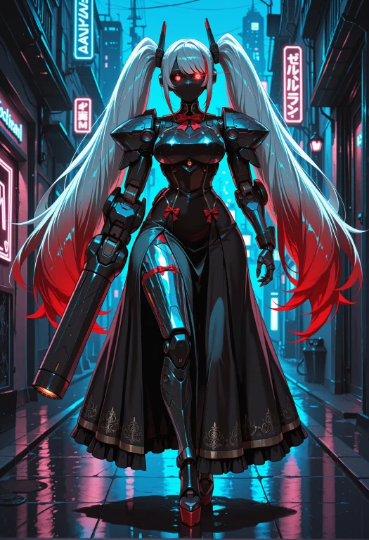 1girl, Robot Girl, Android, Black Skin, Shiny Skin, Metal Sk...