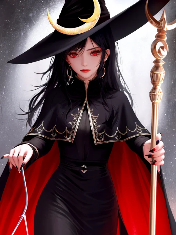 1girl, Solo, Hat, Staff, Witch Hat, Black Hair, Jewelry, Red...