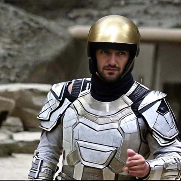 Syrian Man Wearing Scifi Armor In A Dynamic Fighting Pose, A...