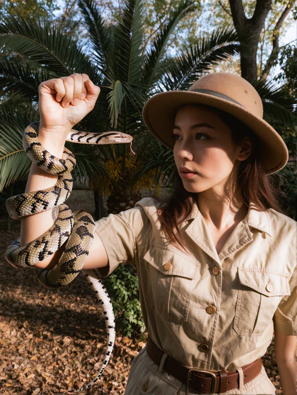 A Woman In A Safari Outfit Holds One Arm Up At Her Side Maki...