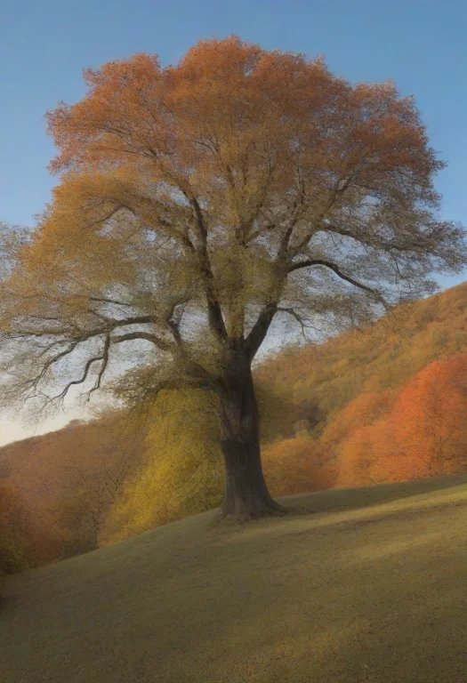 Oak Tree On Top Of Hill, Wide Spreading Branches, Canopy In...