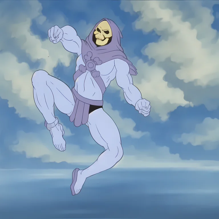 A Photo Of Skeletor Flying Though The Sky