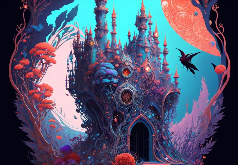 Abstract Fantasy Castle, Beautiful Psychedelic Trippy Neon I...