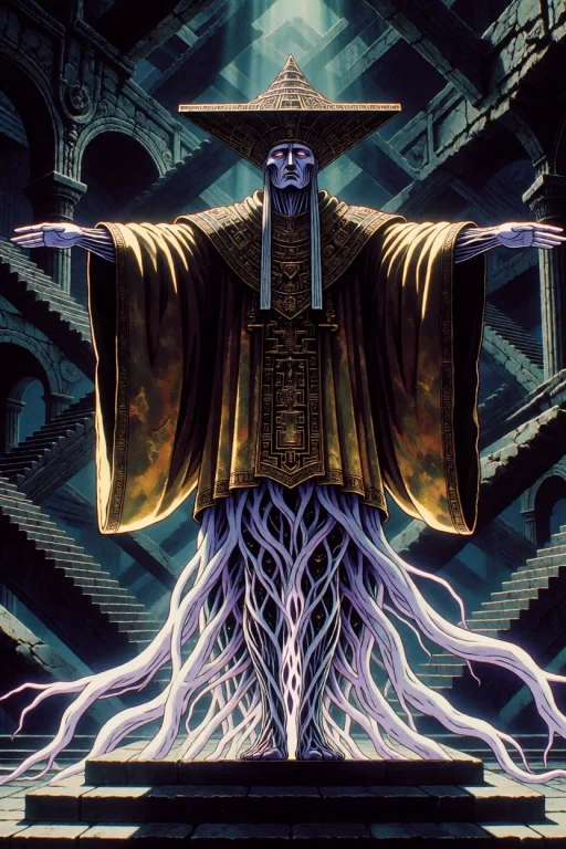 Dcfrcanma. A Towering Adult Male Cult Servant Stands In A Ri...