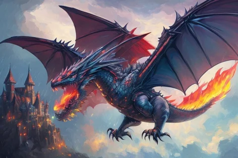 A Flying Fire-breathing1.3 Dragon With Two Wings, Fire Castl... — Stable Diffusion AI Prompt: a flying (fire-breathing:1.3) dragon with two wings, fire castle, rainy, fade, h...