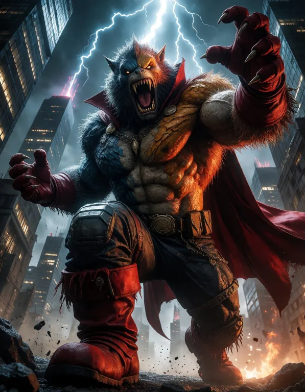 A Monstrous Brute Villain Roaring Beneath Storm-lit Skyscrap...