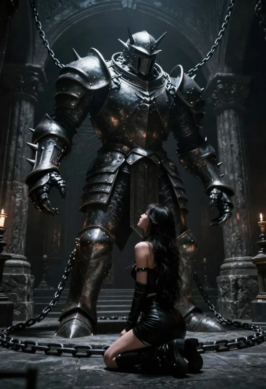 A Dark-haired Woman Kneels In A Shadowy Ancient Chamber Besi...
