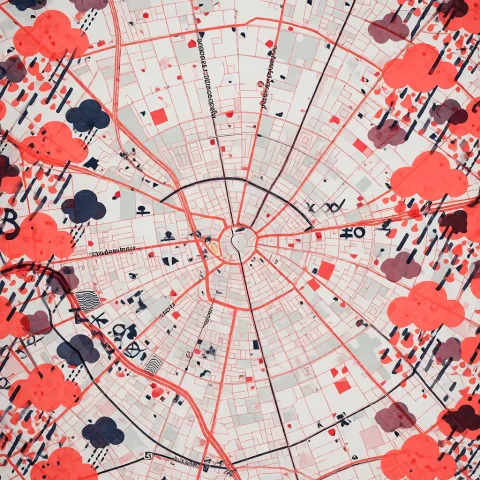 Technique Risograph Map Overprint. Two-pass Risograph Print,... — Stable Diffusion AI Prompt: Technique: risograph map overprint. Two-pass risograph print, fluorescent coral...