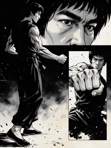 A Monochrome Experimental Martial-arts Comic Illustration Of... — Stable Diffusion AI Prompt: A monochrome experimental martial-arts comic illustration of a lean adult Asian...