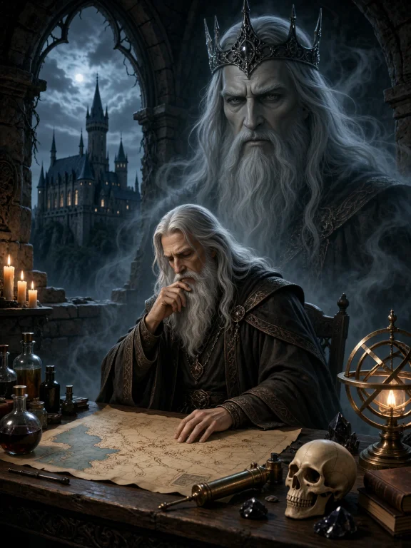 A Dark Fantasy Illustration Shows Merlin The Sorcerer, An El...
