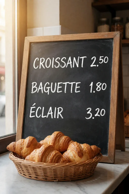 A Photograph Of A Chalkboard Menu In A Small Bakery Listing...