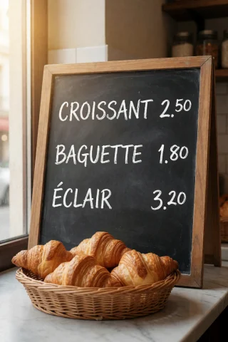 A Photograph Of A Chalkboard Menu In A Small Bakery Listing... — Stable Diffusion AI Prompt: A photograph of a chalkboard menu in a small bakery listing "CROISSANT 2.50", "B...