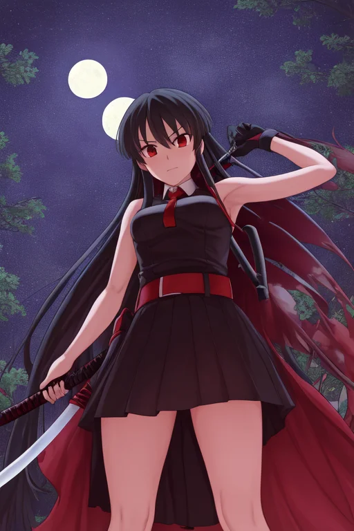 Akame Akame Ga Kill, 1girl, Solo, Holding Katana, Moon, Star...