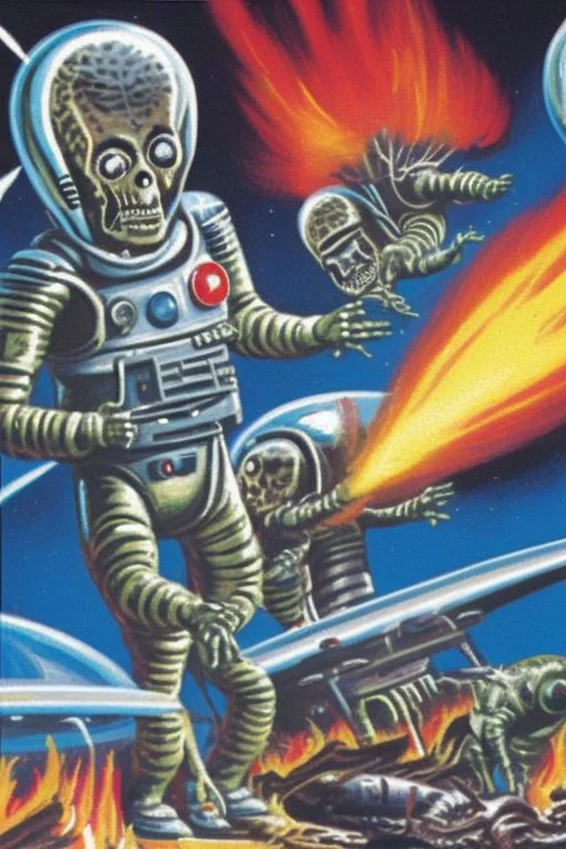 A Painting Of Two Aliens In Space Suits With Ray Guns In Fro...