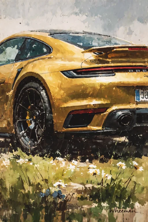 Watercolor Painting, Extremely Low Shot Of A Golden Porsche...