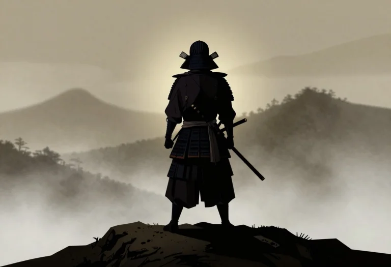 A Samurai Standing Watch On A Misty Ridge, Graphic Novel Art...
