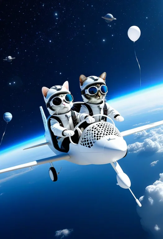 Closeup Two Cats Piloting Small Cute Two-seater Airplane Mad...