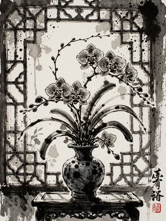A Sumiink Style Black And White Ink Wash Illustration Of A D...