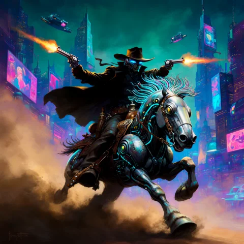 Frank Frazetta Style. In A Vibrant Cyberpunk Metropolis, A L... — Stable Diffusion AI Prompt: Frank Frazetta style. In a vibrant cyberpunk metropolis, a lone cowboy rides a m...