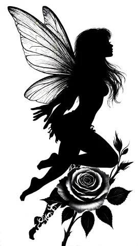 Tattoostencil This Is A Black And White Digital Drawing Of A... — Stable Diffusion AI Prompt: tattoo_stencil This is a black and white digital drawing of a fairy in a silhoue...