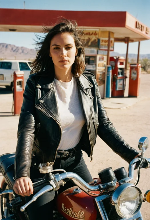 Raw Photo, Woman In A Leather Jacket On A Vintage Motorcycle...