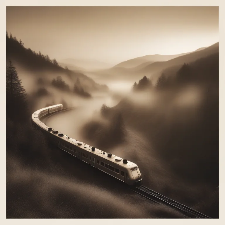 A Train Winding Through A Mist-filled Valley, Retro Futurism...