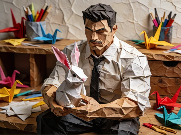 Origami Style Art Depicting A Muscular 30-year-old Man Sitti...