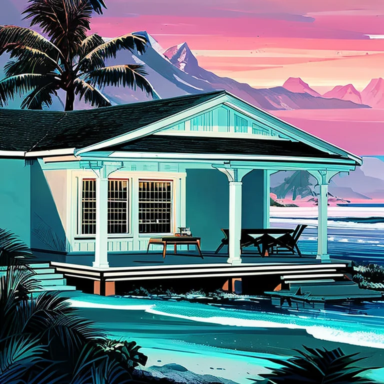 A Landscape Painting Of A A Bungalow On The Beach, Inkpunkla...