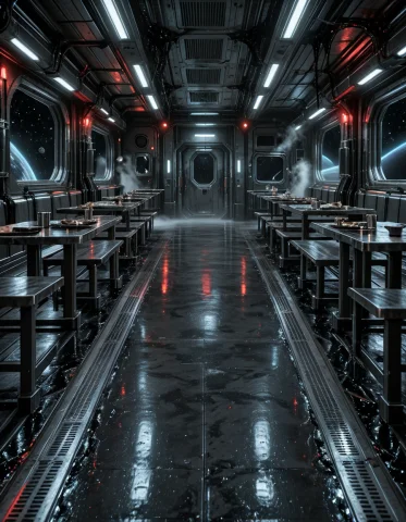 3d3n Sh1p, Photorealistic, Frontal View Of The Same Crew Mes... — Stable Diffusion AI Prompt: 3d3n sh1p, photorealistic, frontal view of the same crew mess hall inside a real...
