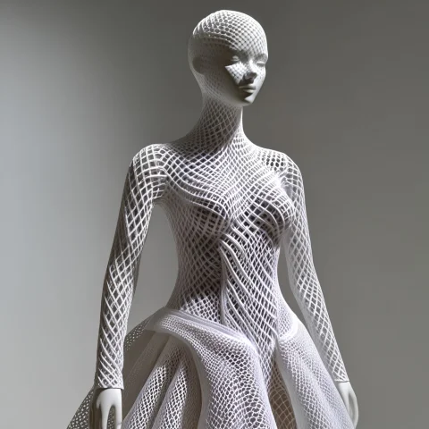 A Mannequin Wearing A Wedding Dress With Gyroid Lattice, Mes... — SDXL AI Prompt: a mannequin wearing a wedding dress with gyroid lattice, mesh should flow smooth...