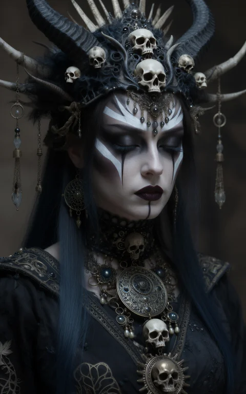 A Striking Portrait Of A Female Figure Adorned With An Elabo...