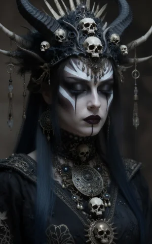 A Striking Portrait Of A Female Figure Adorned With An Elabo... — Stable Diffusion AI Prompt: A striking portrait of a female figure adorned with an elaborate headdress and i...