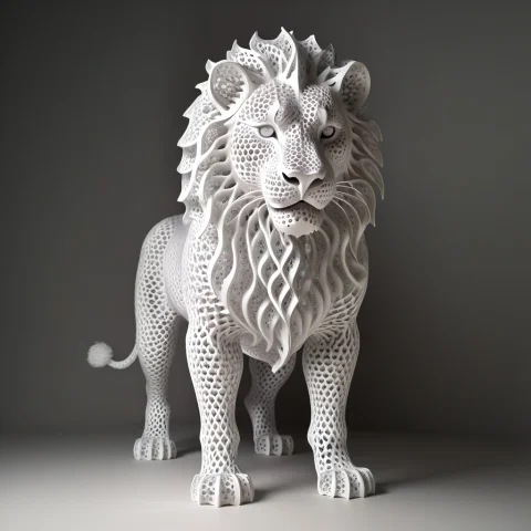 A Majestic Lion Standing Proudly, Crafted Entirely From Intr... — SDXL AI Prompt: A majestic lion standing proudly, crafted entirely from intricate white gyroid l...