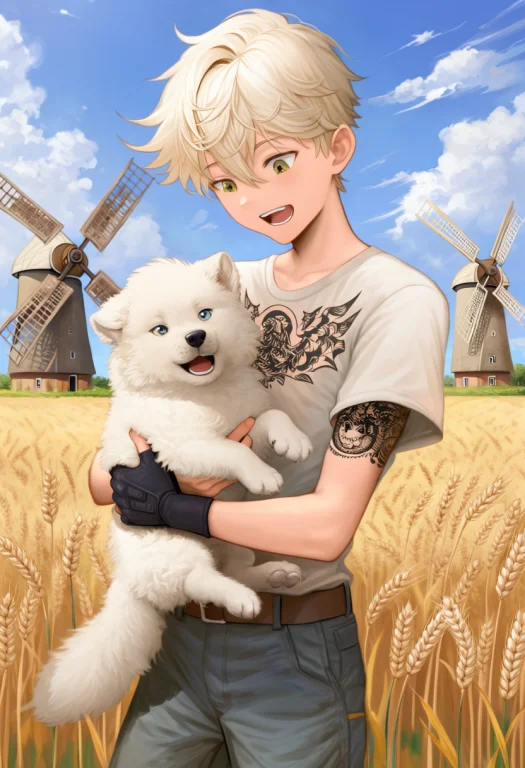 1boy, Arm Tattoo, Black Gloves, Blonde Hair, Blue Sky, Chest...
