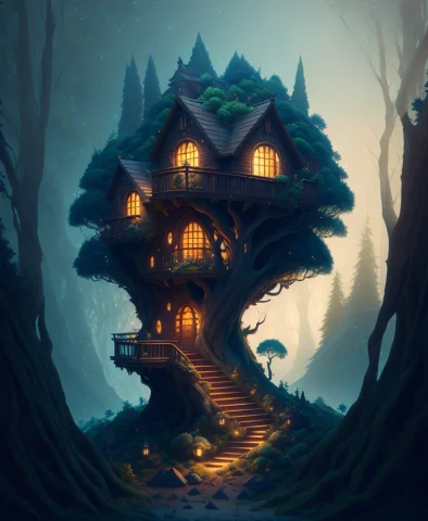 Pixar Style Tree House On Top Of A Hill, Dark And Scary Fore... — Stable Diffusion AI Prompt: pixar style tree house on top of a hill, dark and scary forest background, unrea...
